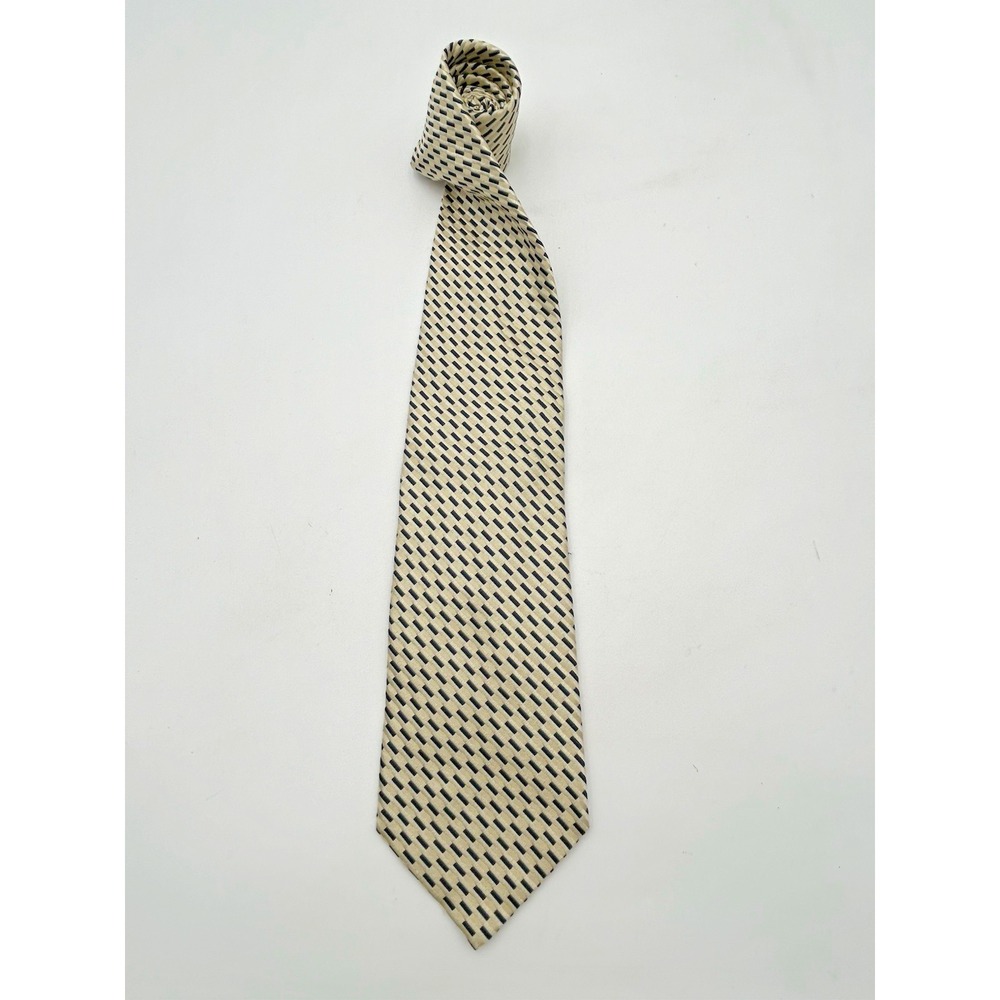 Ermenegildo Zegna Geometric Pattern 100% Silk Tie Mens Ivory Navy Quiet Luxury